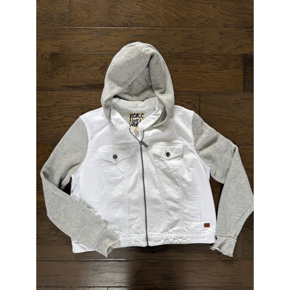 Peace Love World White Denim Mixed Media Hoodie‎ Jacket Gray Sleeves Womens L